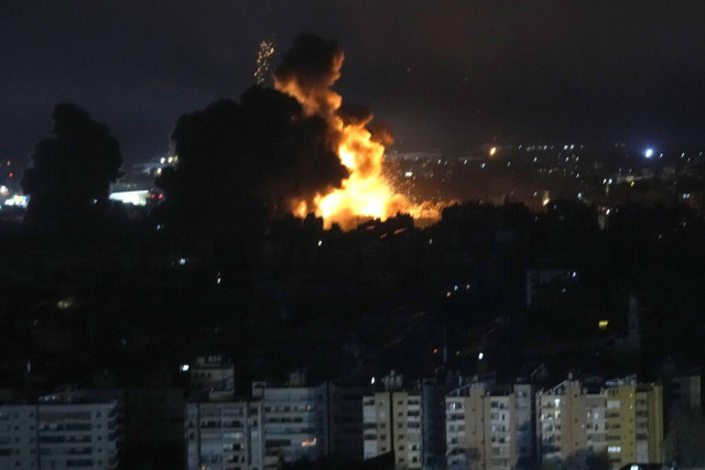 Flames rise from Israeli airstrikes in Dahiyeh, Beirut, Lebanon, Friday, Oct. 4, 2024.